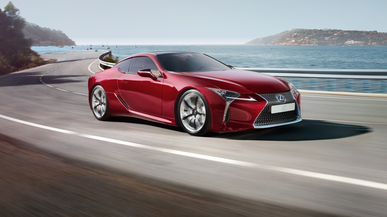 Lexus LC driving on a coastal road 